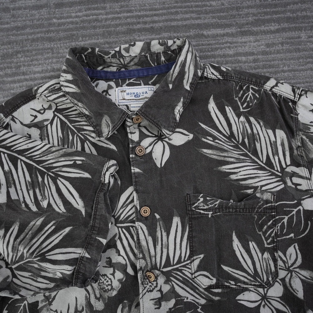 Honolua Surf Co Shirt Men Button Up Large Black White Tropical‎ Floral Hibiscus